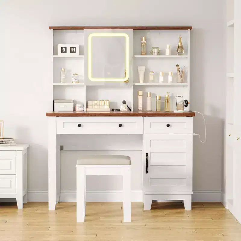 Coiffeuse de maquillage GustoWave, Coiffeuse avec miroir et lumières et prise de courant, Table de maquillage avec 2 tiroirs et tabouret rembourré, Table de maquillage