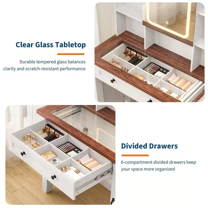 Coiffeuse de maquillage GustoWave, Coiffeuse avec miroir et lumières et prise de courant, Table de maquillage avec 2 tiroirs et tabouret rembourré, Table de maquillage