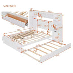 Lit double en bois avec étagère de rangement intégrée et prises électriques, tiroir gigogne simple, blanc