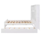 Lit double en bois avec étagère de rangement intégrée et prises électriques, tiroir gigogne simple, blanc