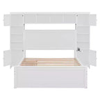 Lit double en bois avec étagère de rangement intégrée et prises électriques, tiroir gigogne simple, blanc