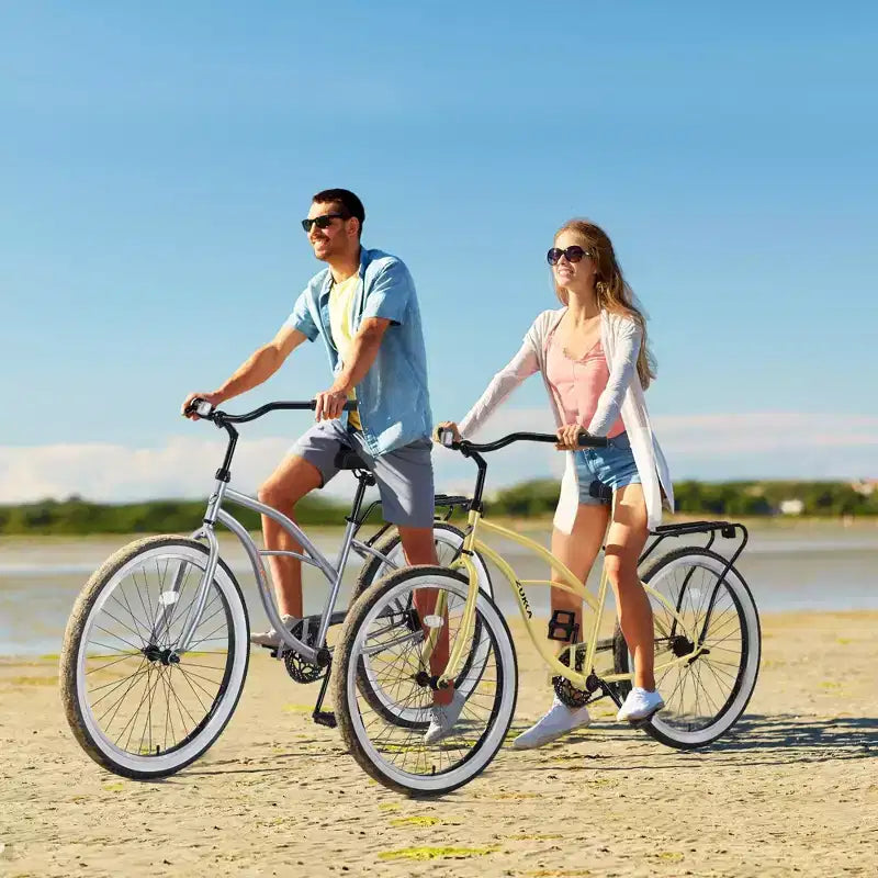 NAYSAYE Vélo de plage à vitesse unique 26 pouces pour femmes, cadre en acier, pour des balades décontractées, jaune, 69,29*25,98*39,37