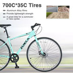 NAYSAYE Vélo hybride 7 vitesses Cadre en aluminium Double freins à disque pour les aventures en ville, Vert, 64,57*25,19*37,79