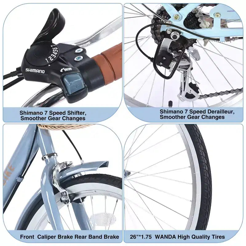 NAYSAYE Vélo de ville 7 vitesses avec panier, cadre en acier pour filles pour les trajets quotidiens et les loisirs, Bleu, 170*63*105