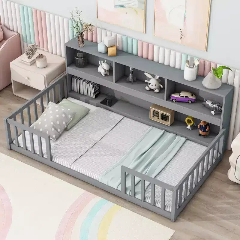 Whisen Twin Floor Bed with Bookcase & Guardrails