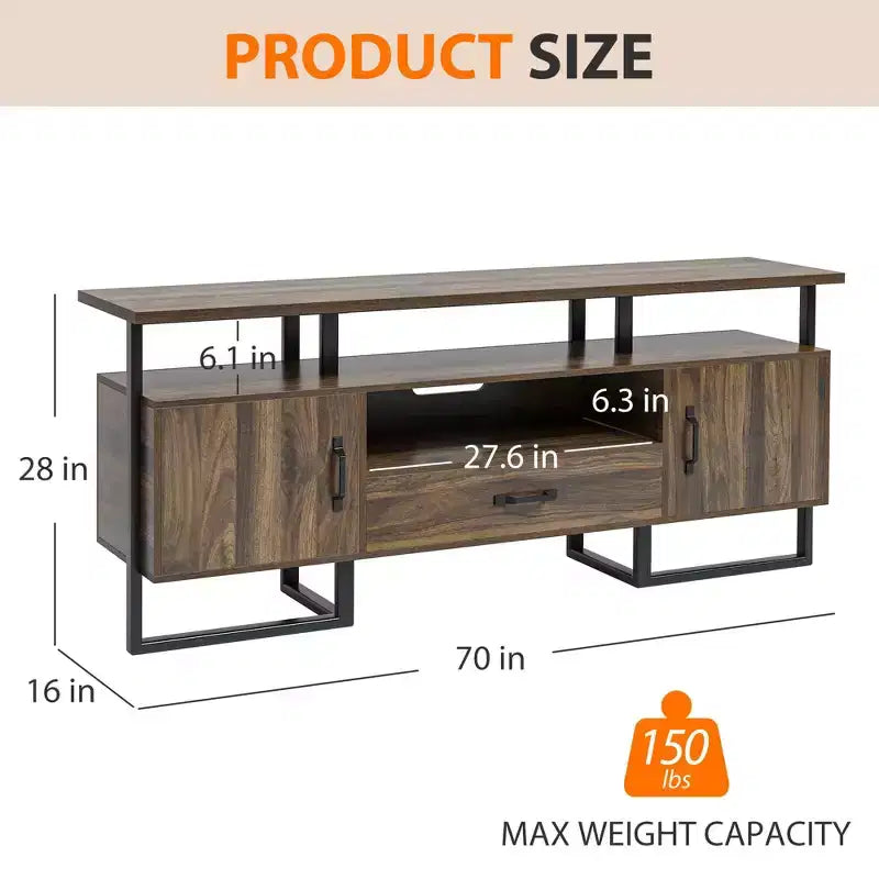 GustoWave Meuble TV industriel 70 pouces, centre de divertissement avec rangement et tiroirs pour salon, marron rustique