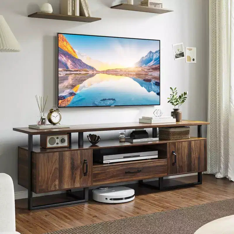 GustoWave Meuble TV industriel 70 pouces, centre de divertissement avec rangement et tiroirs pour salon, marron rustique