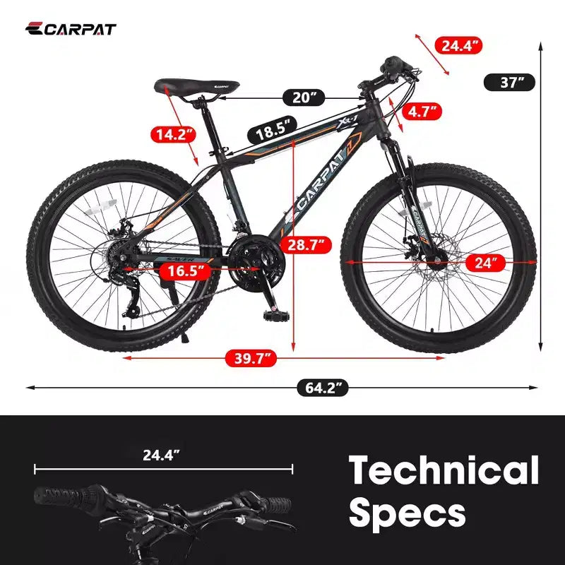 NAYSAYE Vélo VTT 24 Pouces, 21 Vitesses, Cadre en Acier pour Garçons et Filles, pour Aventures Tout-Terrain, Noir et Orange, 56,3 x 7,88 x 28,35