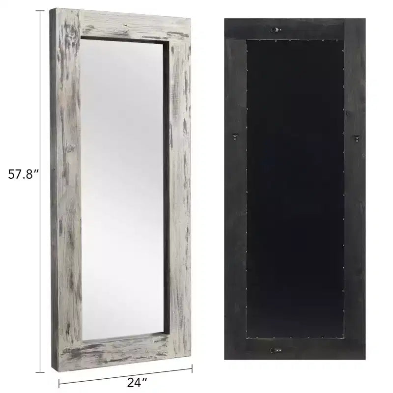PexFix 24 po L x 58 po H Miroir psyché rectangulaire de style ferme avec cadre en bois massif, à poser ou à incliner, blanc patiné