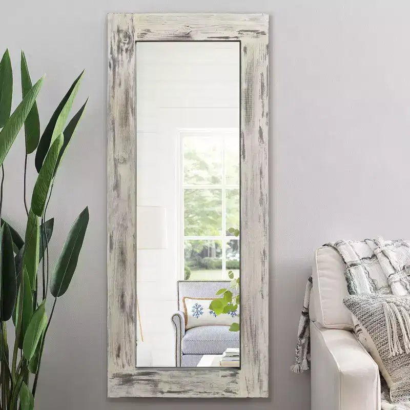 PexFix 24 po L x 58 po H Miroir psyché rectangulaire de style ferme avec cadre en bois massif, à poser ou à incliner, blanc patiné