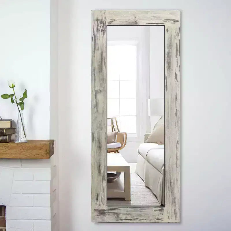PexFix 24 po L x 58 po H Miroir psyché rectangulaire de style ferme avec cadre en bois massif, à poser ou à incliner, blanc patiné