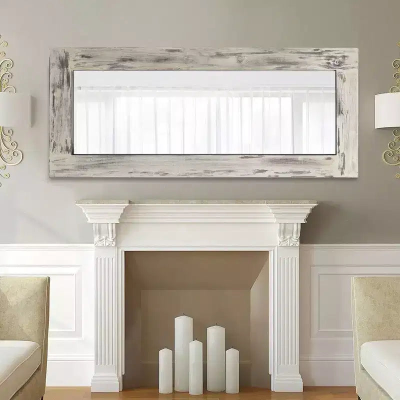 PexFix 24 po L x 58 po H Miroir psyché rectangulaire de style ferme avec cadre en bois massif, à poser ou à incliner, blanc patiné