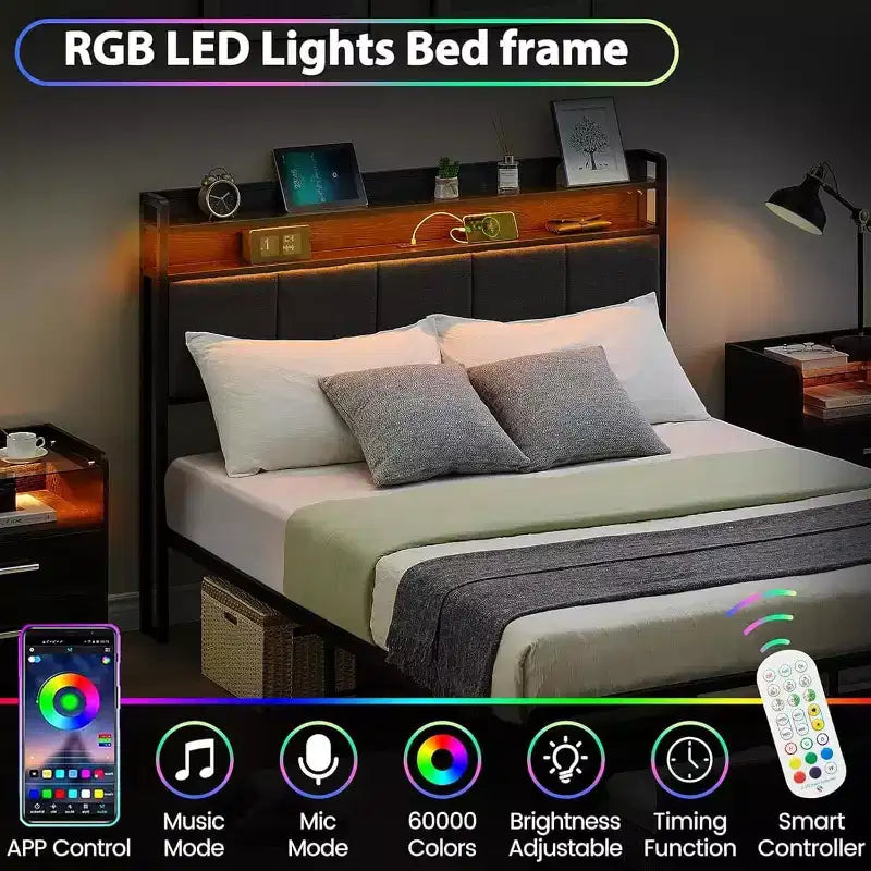 Cadre de lit Acekool avec tête de lit de rangement, lumières LED, station de charge, 2 tiroirs, sommier tapissier non requis, montage facile