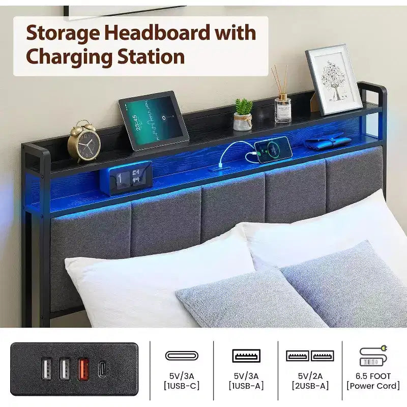 Cadre de lit Acekool avec tête de lit de rangement, lumières LED, station de charge, 2 tiroirs, sommier tapissier non requis, montage facile