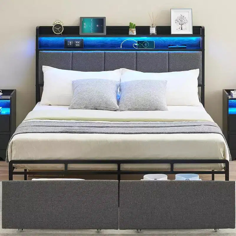 Cadre de lit Acekool avec tête de lit de rangement, lumières LED, station de charge, 2 tiroirs, sommier tapissier non requis, montage facile