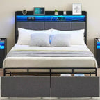Cadre de lit Acekool avec tête de lit de rangement, lumières LED, station de charge, 2 tiroirs, sommier tapissier non requis, montage facile