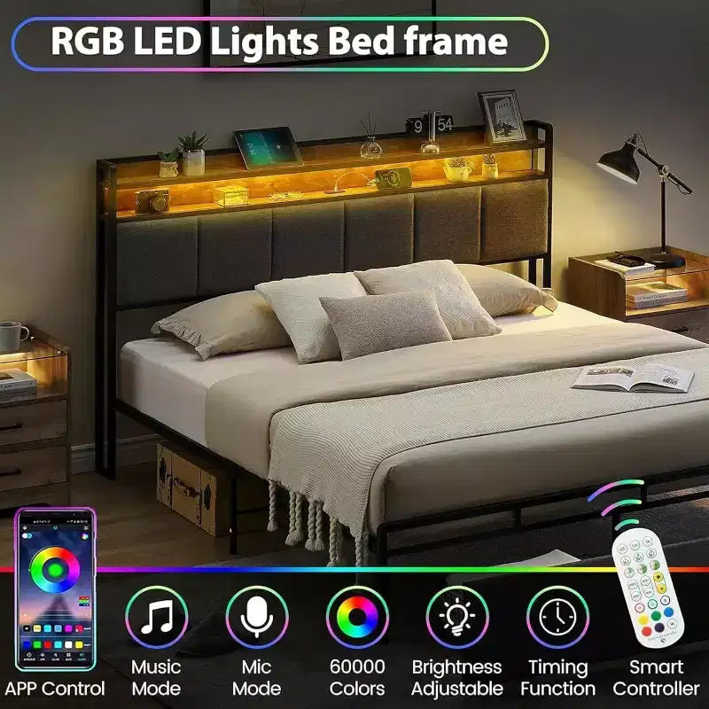 Cadre de lit Acekool avec tête de lit de rangement, lumières LED, station de charge, 2 tiroirs, sommier tapissier non requis, montage facile