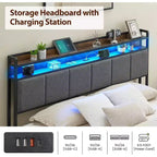 Cadre de lit Acekool avec tête de lit de rangement, lumières LED, station de charge, 2 tiroirs, sommier tapissier non requis, montage facile