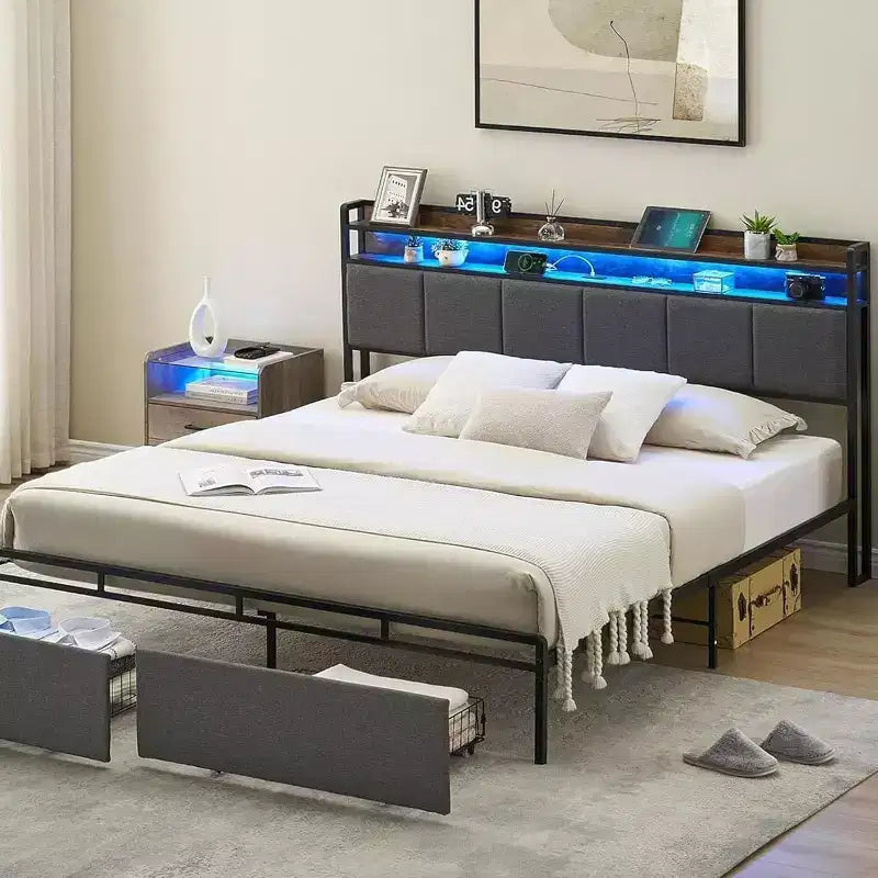 Cadre de lit Acekool avec tête de lit de rangement, lumières LED, station de charge, 2 tiroirs, sommier tapissier non requis, montage facile