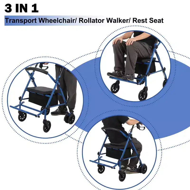 Déambulateur Rollator pour seniors avec siège, déambulateur combiné 3 en 1 avec fauteuil roulant, déambulateur médical tout-terrain pour adultes