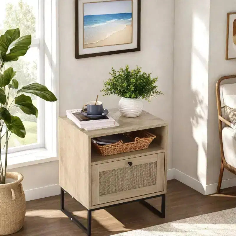 Table de chevet en rotin, table de chevet bohème avec tiroir de rangement et pieds en métal, petite table d'appoint en bois de style rustique pour chambre à coucher ou salon