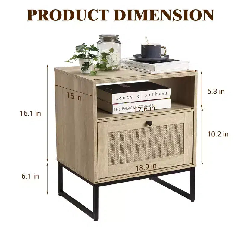 Table de chevet en rotin, table de chevet bohème avec tiroir de rangement et pieds en métal, petite table d'appoint en bois de style rustique pour chambre à coucher ou salon