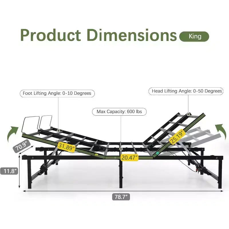 Cadre de lit réglable Sandinrayli avec base de lit électrique et télécommande filaire, fonction d'inclinaison ergonomique pour les pieds et la tête, King