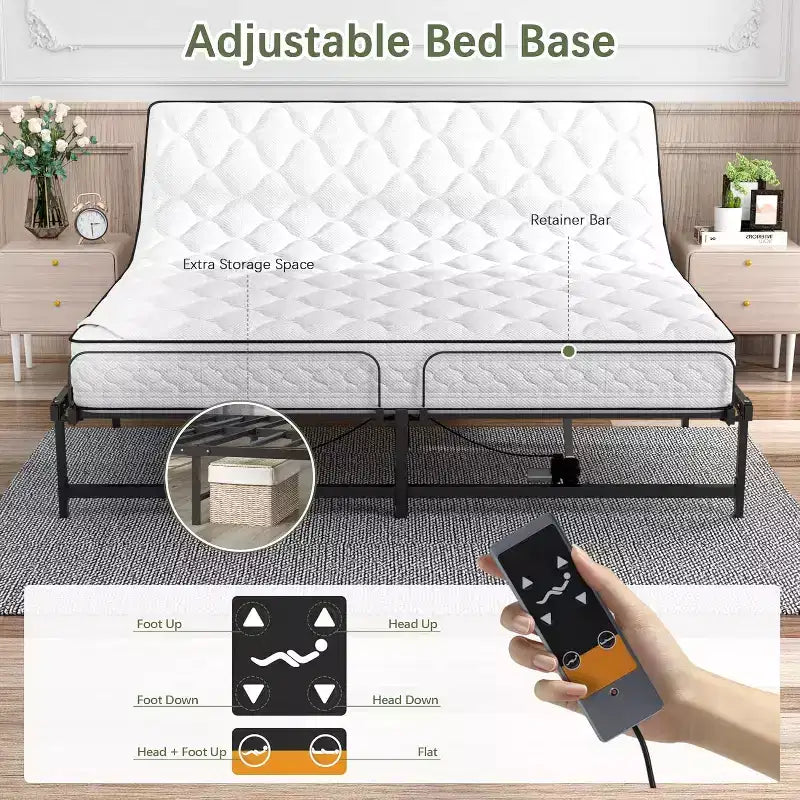 Cadre de lit réglable Sandinrayli avec base de lit électrique et télécommande filaire, fonction d'inclinaison ergonomique pour les pieds et la tête, King