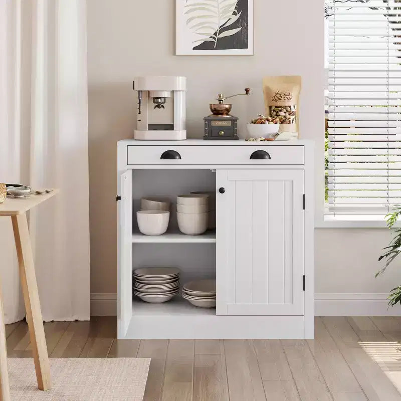 Bahut buffet blanc, meuble bar à café en bois avec tiroir, étagère réglable, armoires de rangement de style ferme