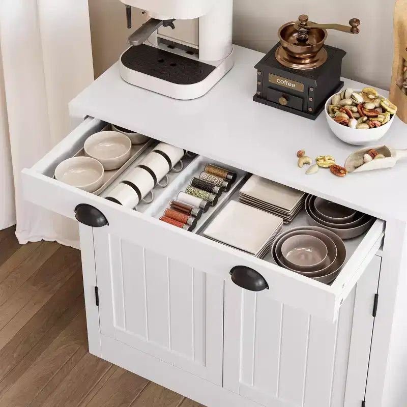Bahut buffet blanc, meuble bar à café en bois avec tiroir, étagère réglable, armoires de rangement de style ferme
