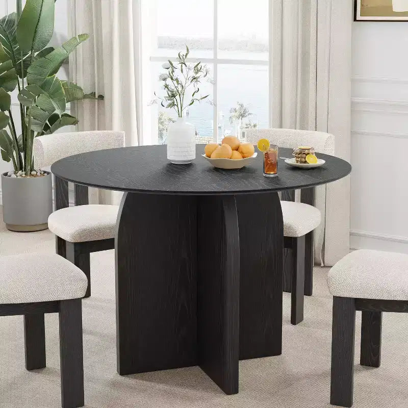 Table à manger ronde PexFix 42 x 42 en bois massif avec finition noire et pieds arqués élégants pour salles à manger et cuisines modernes