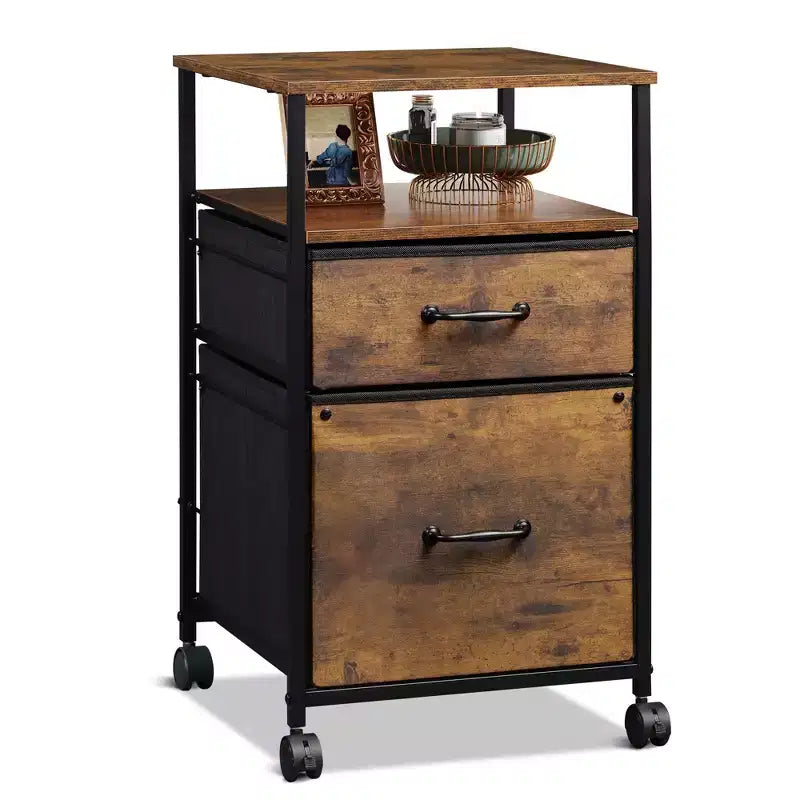 GALAXHERO Filing Cabinet 2 Drawer Mobile with Open Storage Shelf, Rolling Printer Stand for Home Office, Fits A4 Size, Rustic Brown Wood Grain