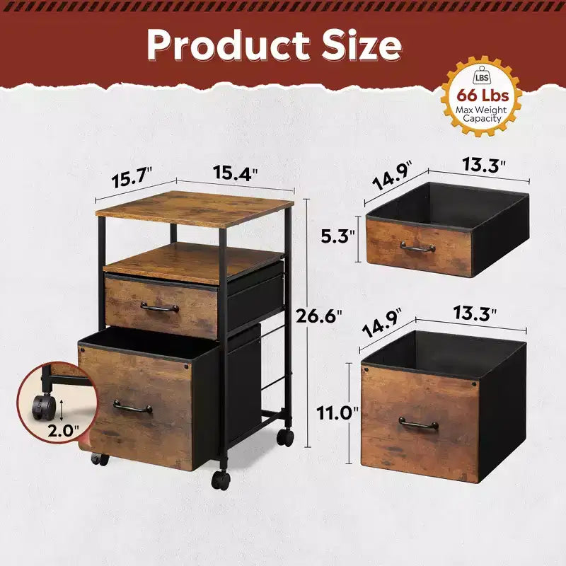 GALAXHERO Meuble de Rangement 2 Tiroirs Mobile avec Étagère Ouverte, Support d'Imprimante Roulant pour Bureau à Domicile, Convient aux Documents A4, Grain de Bois Marron Rustique