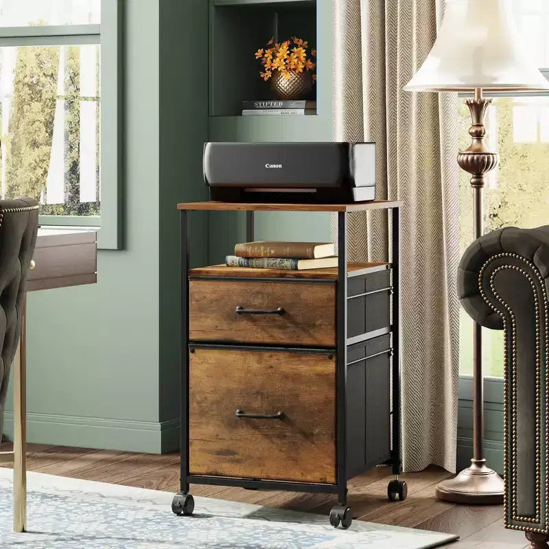 GALAXHERO Meuble de Rangement 2 Tiroirs Mobile avec Étagère Ouverte, Support d'Imprimante Roulant pour Bureau à Domicile, Convient aux Documents A4, Grain de Bois Marron Rustique