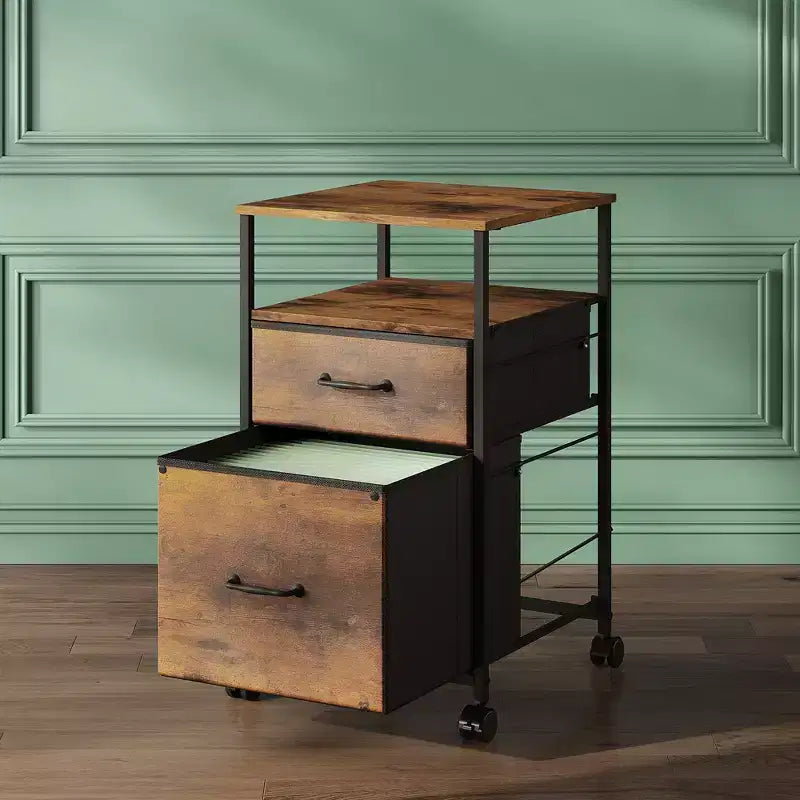 GALAXHERO Meuble de Rangement 2 Tiroirs Mobile avec Étagère Ouverte, Support d'Imprimante Roulant pour Bureau à Domicile, Convient aux Documents A4, Grain de Bois Marron Rustique