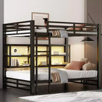 Metal Queen over Queen Bunk Bed with Storage Cabinets and LED, Black - ModernLuxe
