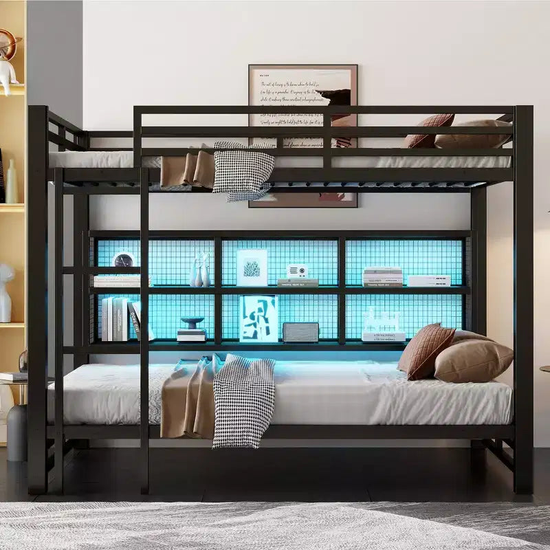 Lit superposé Queen en métal avec armoires de rangement et LED, noir - ModernLuxe