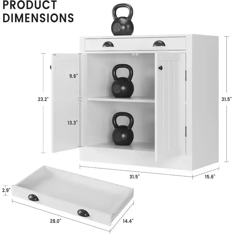 31.5 Buffet de cuisine moderne blanc avec tiroir et étagère réglable, meuble de rangement en bois style ferme pour café/bar, pour cuisine