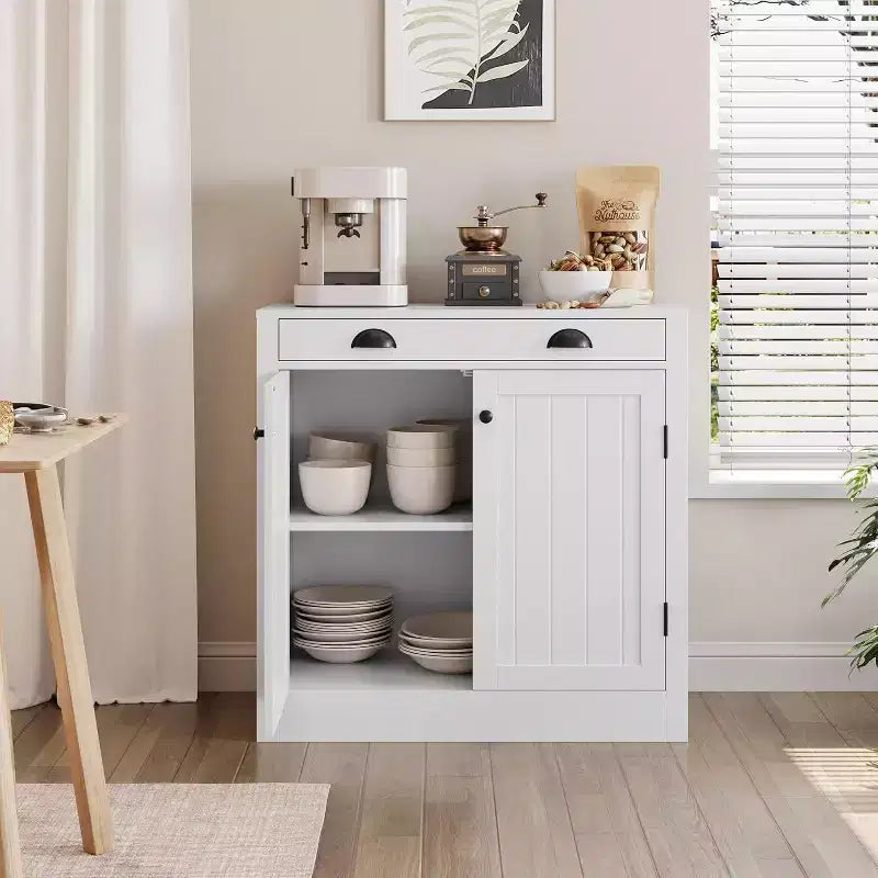 31.5 Buffet de cuisine moderne blanc avec tiroir et étagère réglable, meuble de rangement en bois style ferme pour café/bar, pour cuisine
