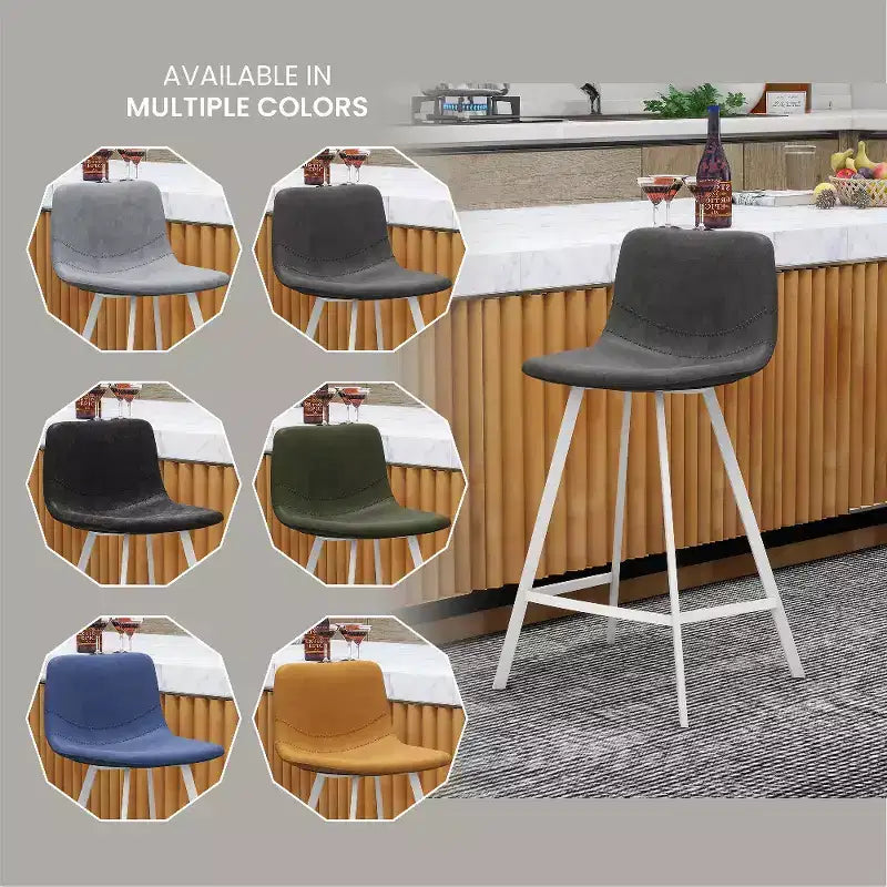 Tabouret de bar en cuir Elland de LeisureMod – Tabouret moderne de hauteur comptoir avec pieds en acier inoxydable blanc pour îlot de cuisine ou bar à domicile, lot de 2