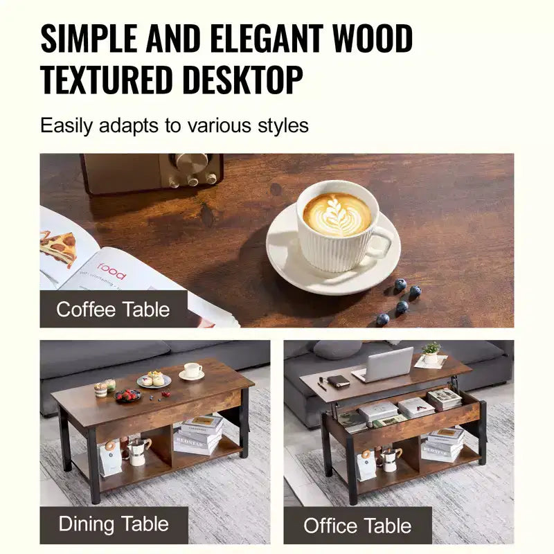 Table basse relevable VEVOR, table basse rectangulaire de 106 cm avec poches de rangement supplémentaires, table basse escamotable pour salon, marron