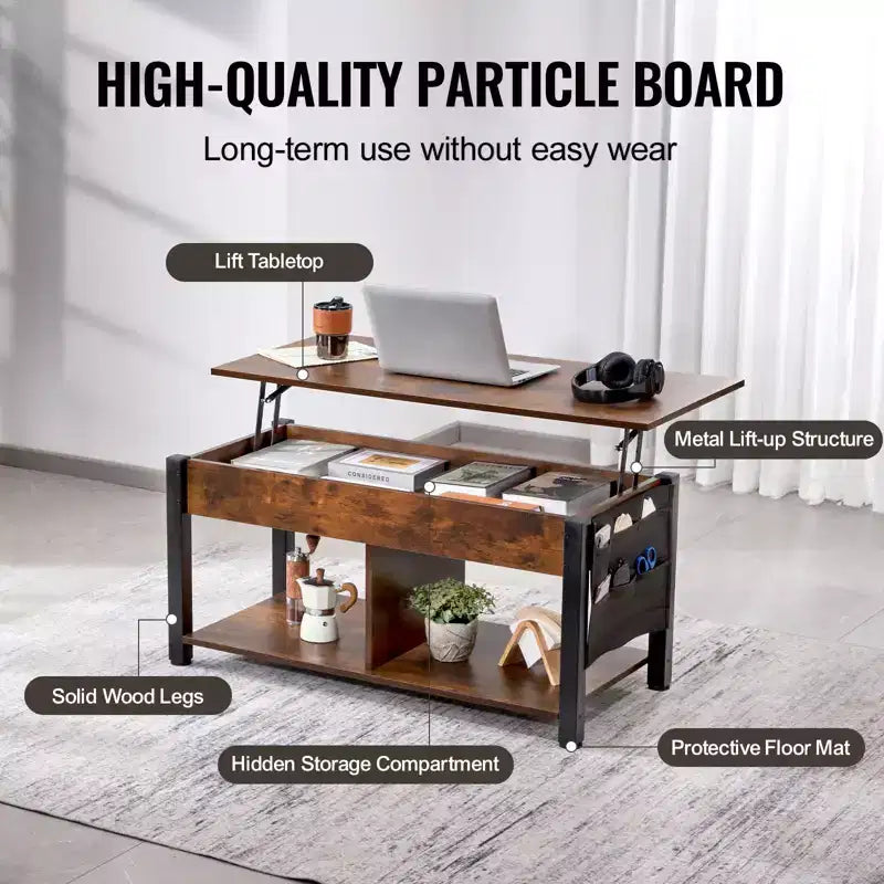 Table basse relevable VEVOR, table basse rectangulaire de 106 cm avec poches de rangement supplémentaires, table basse escamotable pour salon, marron