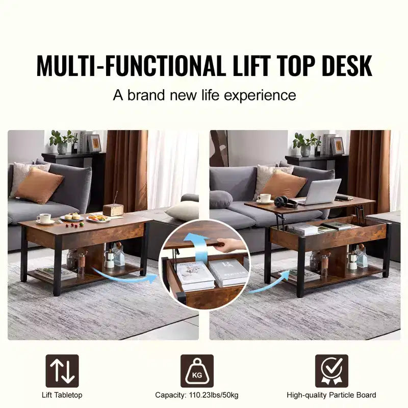 Table basse relevable VEVOR, table basse rectangulaire de 106 cm avec poches de rangement supplémentaires, table basse escamotable pour salon, marron