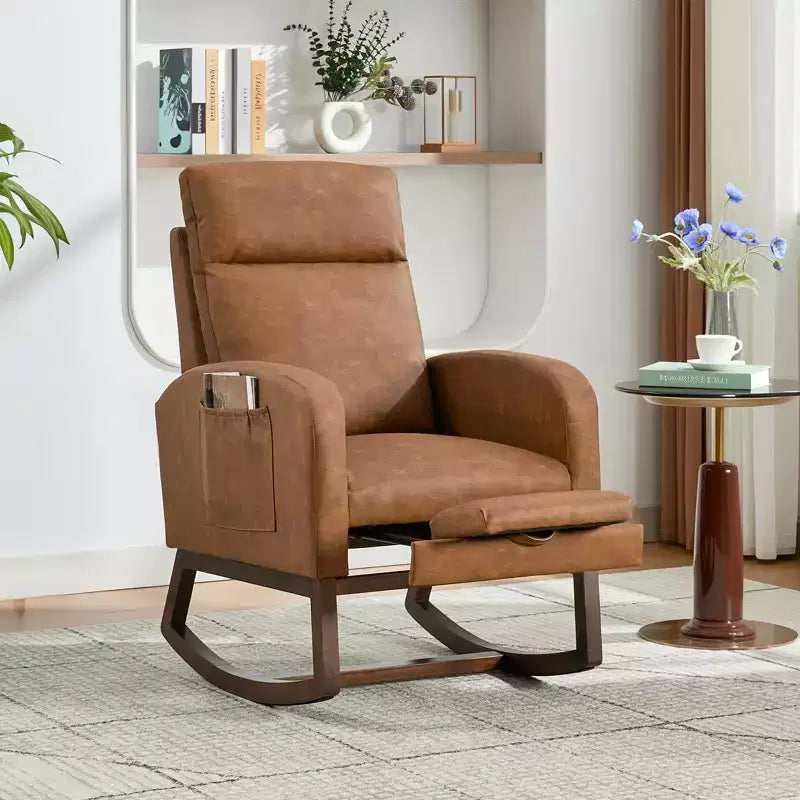 Fauteuil à bascule pour chambre de bébé avec repose-pieds, fauteuil inclinable avec dossier haut et pieds en bois et poche latérale pour salon, chambre, gris