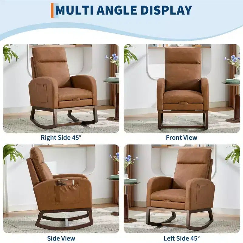 Fauteuil à bascule pour chambre de bébé avec repose-pieds, fauteuil inclinable avec dossier haut et pieds en bois et poche latérale pour salon, chambre, gris