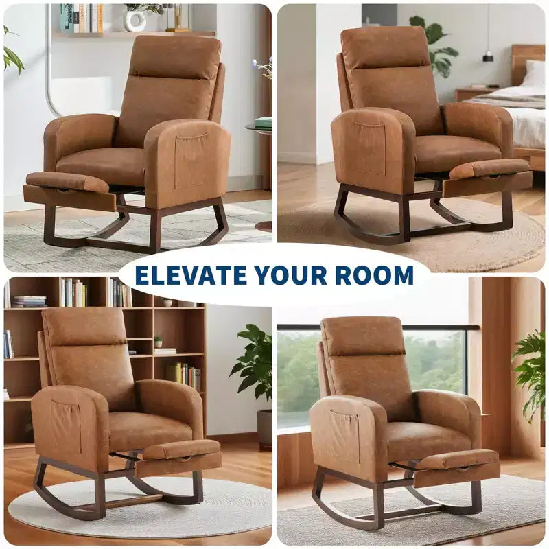 Fauteuil à bascule pour chambre de bébé avec repose-pieds, fauteuil inclinable avec dossier haut et pieds en bois et poche latérale pour salon, chambre, gris
