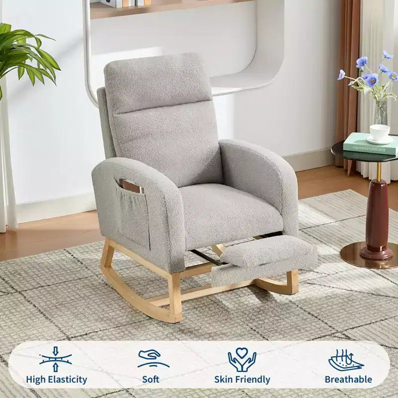Fauteuil à bascule pour chambre de bébé avec repose-pieds, fauteuil inclinable avec dossier haut et pieds en bois et poche latérale pour salon, chambre, gris