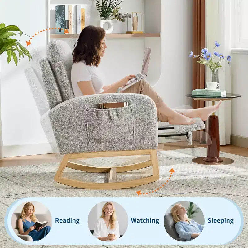 Fauteuil à bascule pour chambre de bébé avec repose-pieds, fauteuil inclinable avec dossier haut et pieds en bois et poche latérale pour salon, chambre, gris