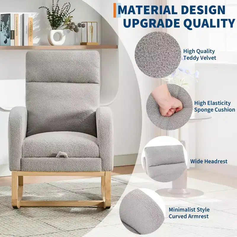 Fauteuil à bascule pour chambre de bébé avec repose-pieds, fauteuil inclinable avec dossier haut et pieds en bois et poche latérale pour salon, chambre, gris