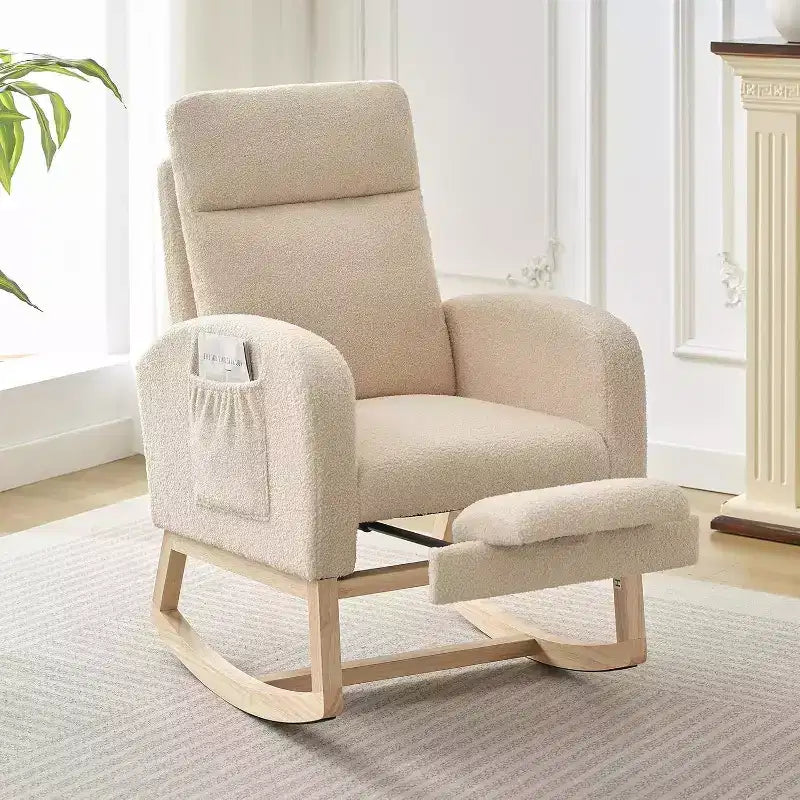 Fauteuil à bascule pour chambre de bébé avec repose-pieds, fauteuil inclinable avec dossier haut et pieds en bois et poche latérale pour salon, chambre, gris